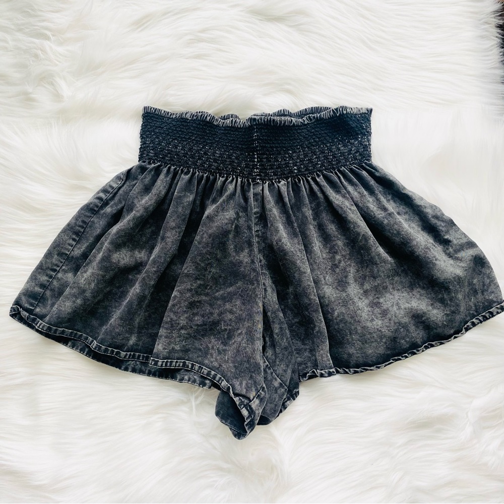 Black Swan Black Acid Wash Smocked Waist Flowy Shorts